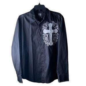 Ultra Cross Button Up Shirt Men Large Long Sleeve Rhinestones Embroidered NWT
